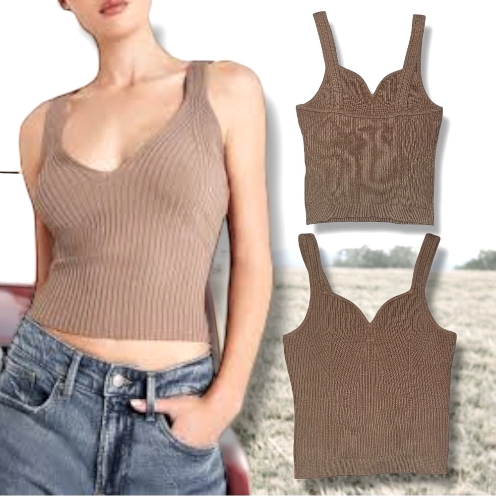 Abercrombie & Fitch Top Tan Beige Corset-Style Sweetheart Knit Cropped Tank - S